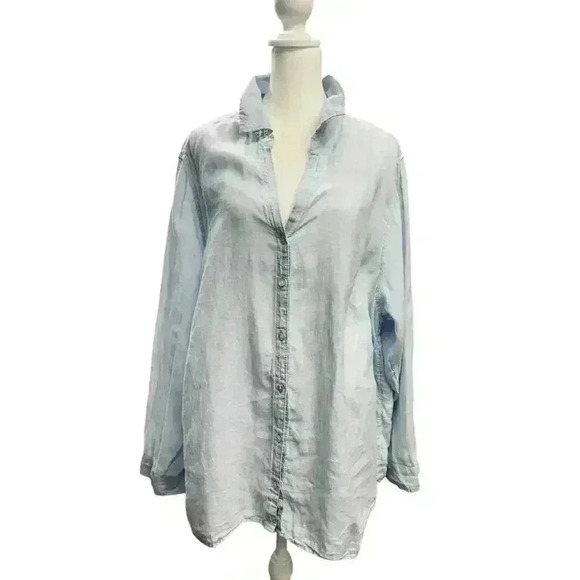 Sigrid Olsen 100% Linen Blue V-Neck Light Blue Blouse Button Down Shirt Size XL - Picture 4 of 16
